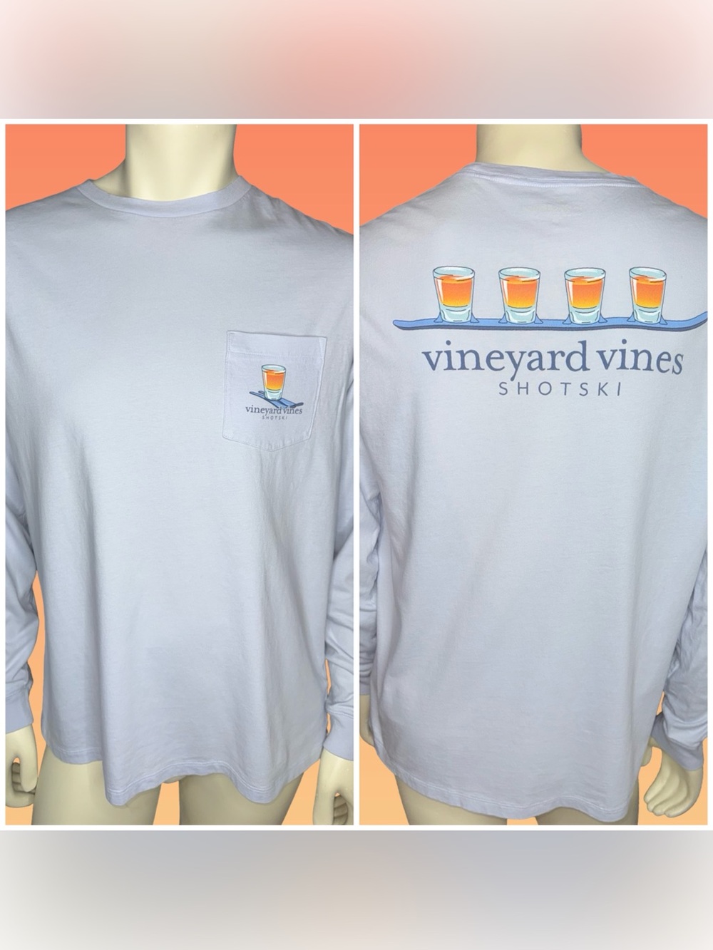 Vineyard Vines Mens Shotski Graphic Long Sleeve Pocket Winter T-Shirt Light Blue